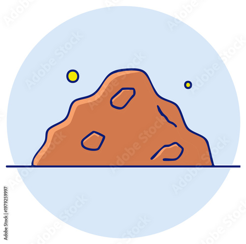 Illustration of a mountain with two yellow orbs in a blue circle