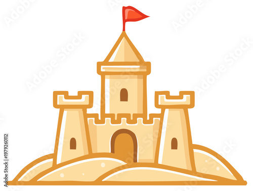 Whimsical sandcastle with towers and red flag, isolated vector illustration, childhood fun, seaside vacation