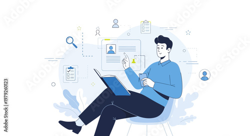 Man working on laptop with digital interface, resume and search icons