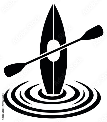 Black silhouette of a kayak with a paddle resting across over concentric water ripples