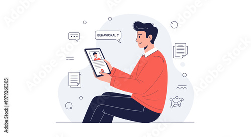 Man using tablet for behavioral analysis, online interview, job application, remote work