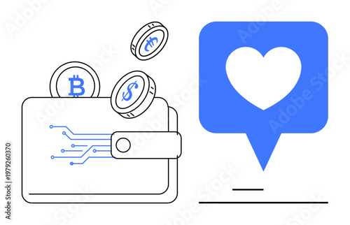 Cryptocurrency, fintech innovation, digital transactions, online payments, blockchain, financial technology. Open wallet with digital coins and speech bubble with a heart. Cryptocurrency and fintech