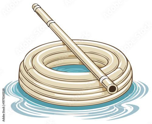 Coiled Irrigation Hose in Water, Garden Equipment Cartoon Illustration, Outdoor Watering Solution, Landscaping