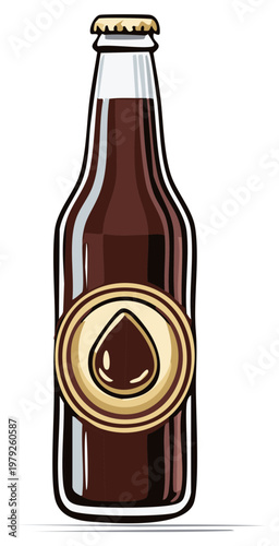 Illustrated bottle of dark beverage with gold label