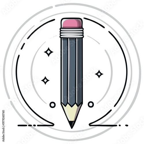 Gray pencil with eraser in decorative circle frame with shine stars flat vector illustration