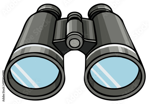 Simple gray cartoon binoculars with blue lenses for outdoor observation and discovery