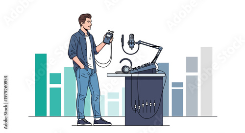 Man with audio equipment, podcasting setup, sound recording, modern broadcasting