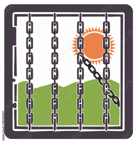 Window with broken chain bars looking out onto a bright sunny landscape of hills