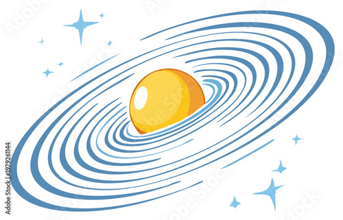 Cosmic Cartoon Galaxy with Central Sphere and Orbiting Rings amid Sparkling Stars