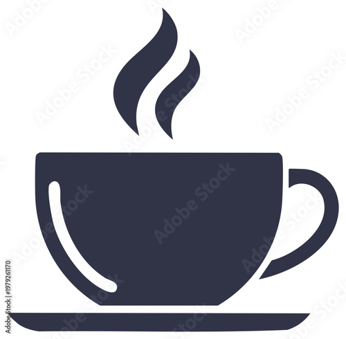Dark blue teacup silhouette with steam rising and saucer simple icon