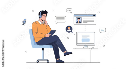 Man with headphones and tablet in online meeting, remote work concept