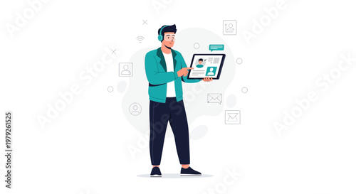 Man with headphones holding tablet showing profile, online profile concept