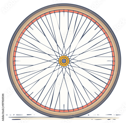 Illustrated bicycle wheel detail with spokes and tire