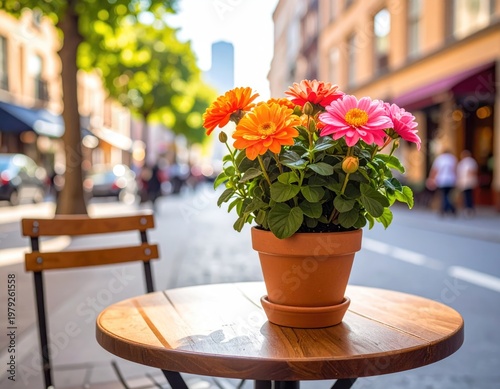 Bright gerbera daisies on table at cafe, city street