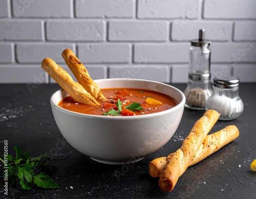 Tomato soup with breadsticks, near salt and pepper