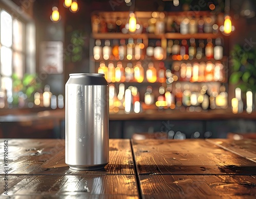 Shiny can on a bar table, blurred bar in background