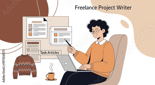 Freelance project writer working on laptop, with tasks and coffee on desk