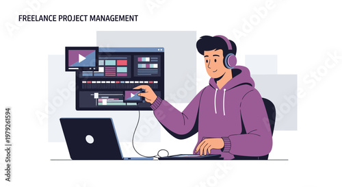 Freelance Project Management: Young man editing video on laptop with headphones