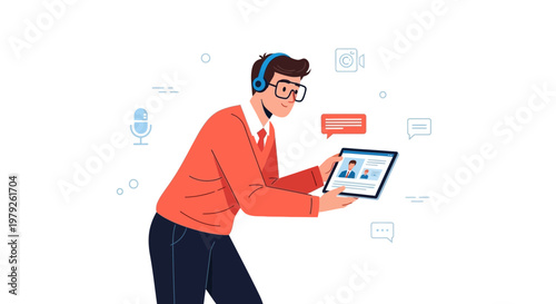Man with headphones on video call, online communication, remote work, digital connection