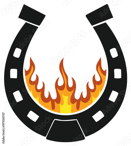 Horseshoe in Flames Black Iron Luck Symbol Fire Element Graphic Icon Vector Art