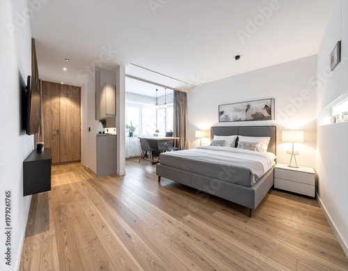 Modern bedroom with open kitchen & dining area