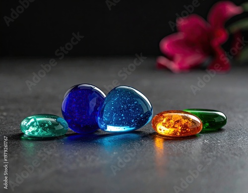 Colorful glass stones on dark surface near blurred flower