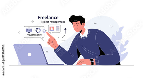 Freelance Project Management: Man Working on Laptop, Planning Project Priorities