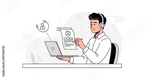 Man with headphones reviewing resume on laptop, recruitment concept