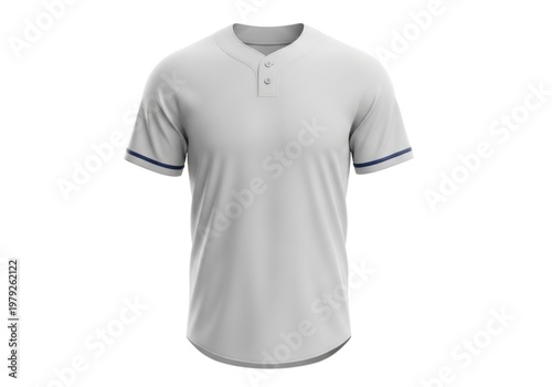 Isolated grey baseball jersey with henley collar, short sleeves, dark blue trim, blank apparel for custom branding design