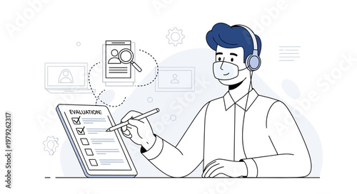 Man with Mask and Headphones Evaluates Checklist on Tablet, Online Assessment Concept