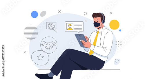 Man with mask and headset using tablet, business icons, remote work concept