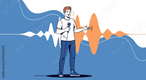 Man with Microphone and Sound Waves - Voice Recording, Podcast, Music Production