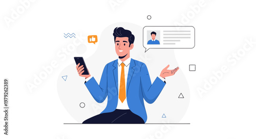 Man with smartphone, social media notification, thumbs up, profile icon, online communication