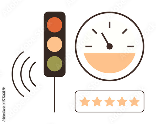 Traffic regulation, speed control, performance evaluation, safety compliance, quality rating, efficiency tracking. A traffic light, speedometer and star rating illustration. Safety compliance