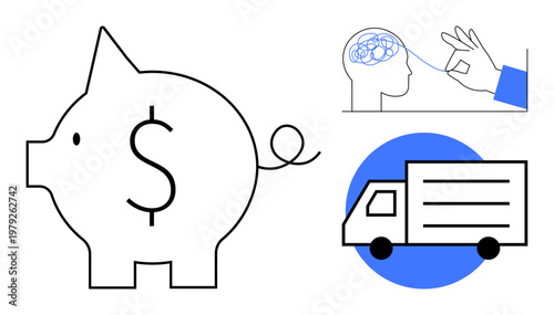 Financial planning, mental processes, logistics development, saving money, business growth, transport services. Piggy bank icon, tangled mind outline and delivery truck. Financial planning