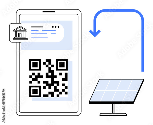 Digital transactions, renewable energy, sustainability, technology integration, banking services, eco-friendly payment. Mobile screen showing QR code, bank symbol and solar panel. Digital
