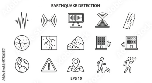 Earthquake Detection Icons - Seismic Waves, Faults, and Disaster Symbols.