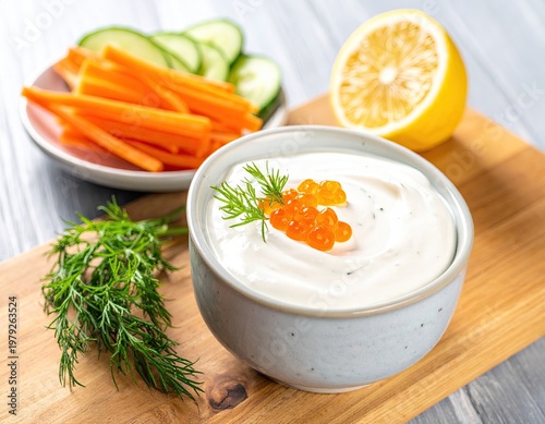 Creamy dip with caviar, veggies, and lemon