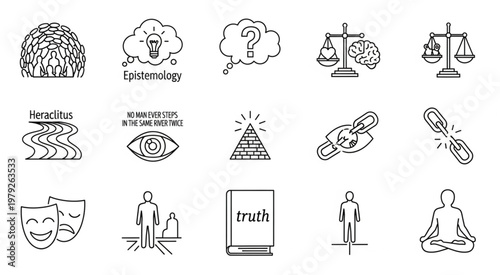 Collection of symbolic line art icons representing various concepts and ideas.