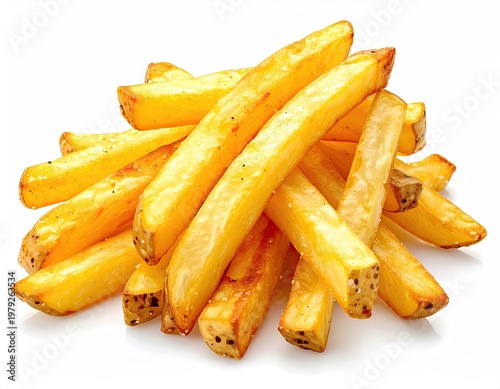 Golden, crispy fries, lightly salted, stacked on white