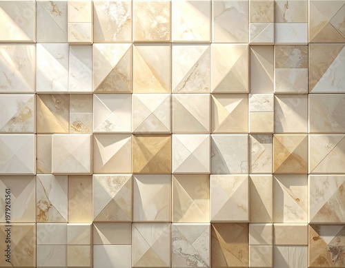Geometric wall of textured stone tiles, angled light