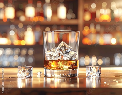 Whiskey glass with ice on a wooden bar, blurred background