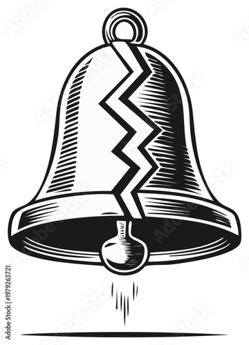 Broken bell with zigzag crack, symbol of silence or disruption