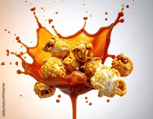 Caramel-coated popcorn explosion, liquid splash