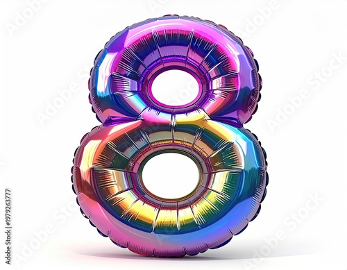 Iridescent number eight balloon, white background