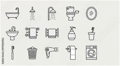 Bathroom essentials collection - a comprehensive set of line art icons for design.