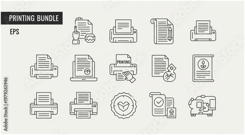 Collection of printing icons representing various document and printer concepts for design.