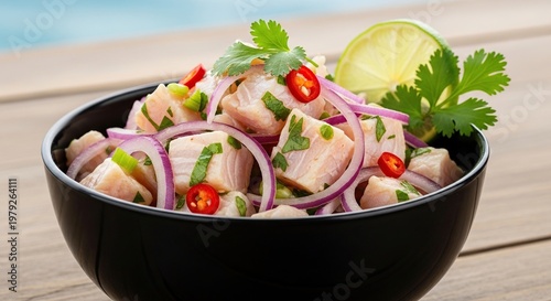 Fresh Ceviche in Black Bowl.