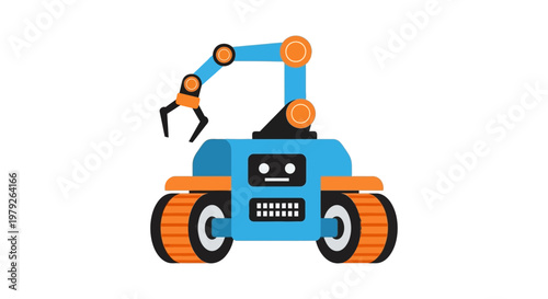 Blue cartoon robot with orange arm.