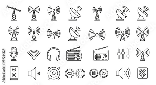 Collection of communication and broadcasting icons in a linear style.